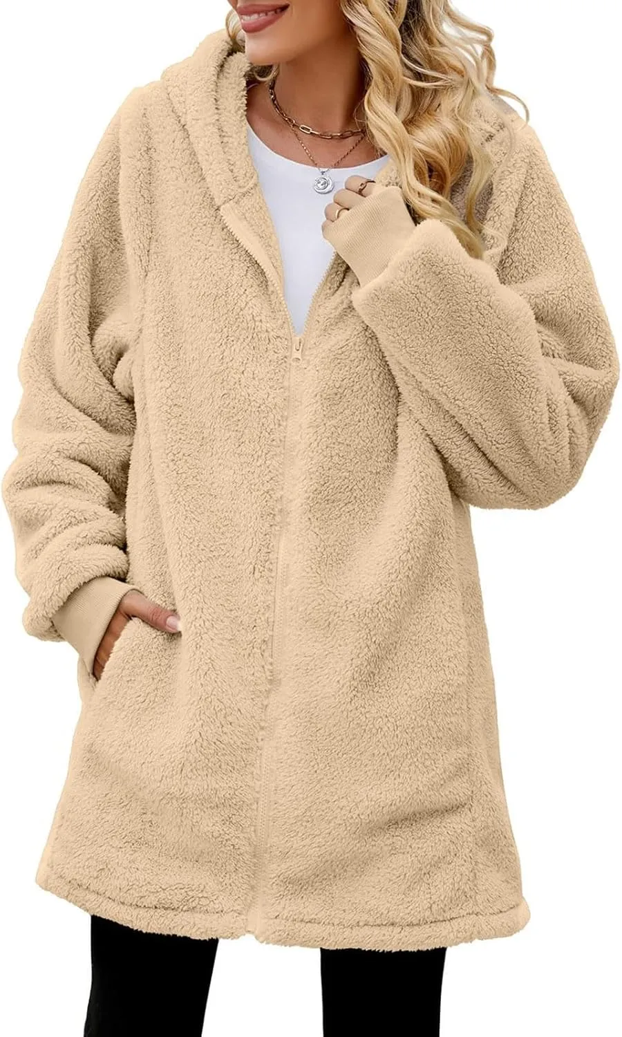 Women 2024 Winter Coat Warm Oversized Jackets Fuzzy Fleece Zip Up Hoodies Long Outerwear Pockets Plus Size Overcoats
