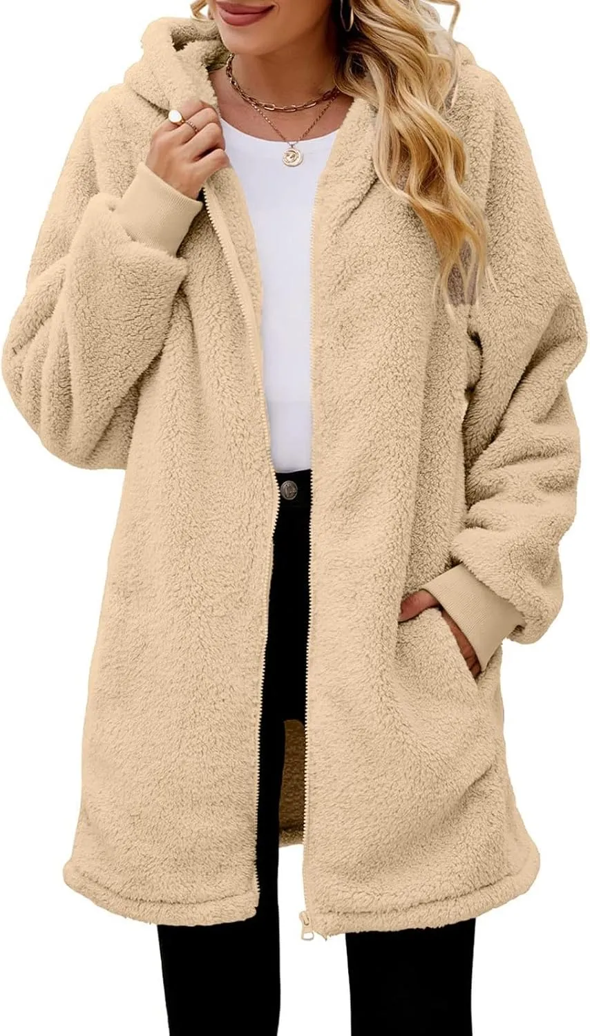 Women 2024 Winter Coat Warm Oversized Jackets Fuzzy Fleece Zip Up Hoodies Long Outerwear Pockets Plus Size Overcoats