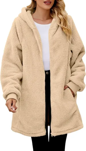 Women 2024 Winter Coat Warm Oversized Jackets Fuzzy Fleece Zip Up Hoodies Long Outerwear Pockets Plus Size Overcoats