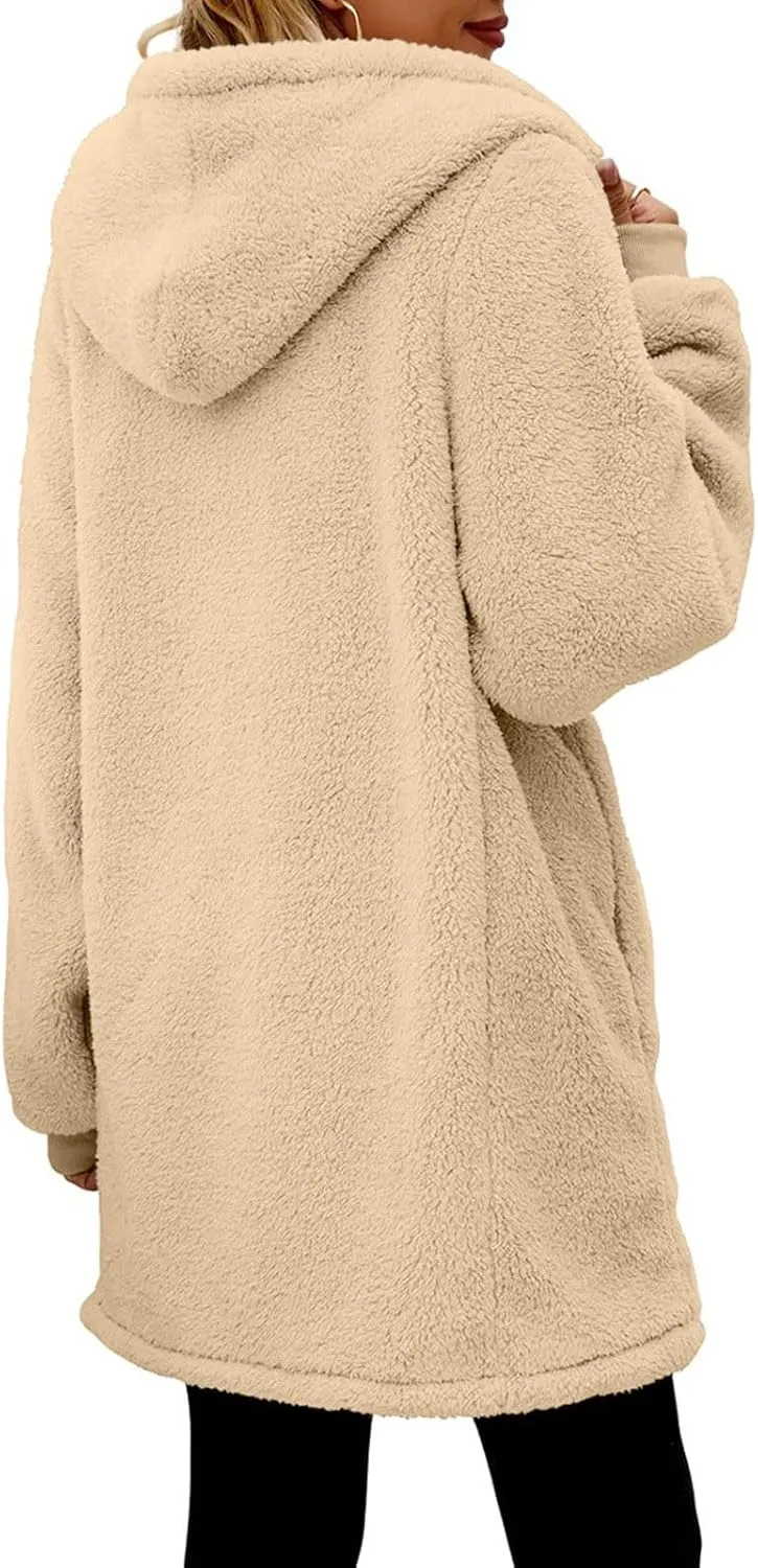 Women 2024 Winter Coat Warm Oversized Jackets Fuzzy Fleece Zip Up Hoodies Long Outerwear Pockets Plus Size Overcoats