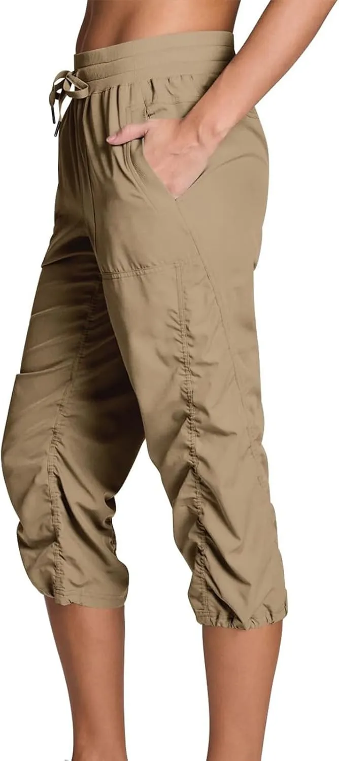 Women Capri Pants Casual Drawstring Elastic High Waisted Pant Quick Dry Tapered Pant Athletic Workout Hiking Trousers