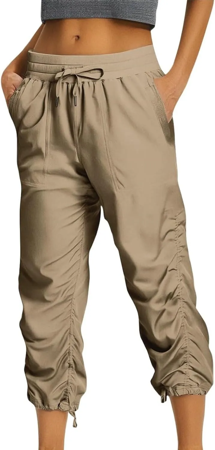 Women Capri Pants Casual Drawstring Elastic High Waisted Pant Quick Dry Tapered Pant Athletic Workout Hiking Trousers