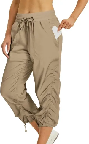Women Capri Pants Casual Drawstring Elastic High Waisted Pant Quick Dry Tapered Pant Athletic Workout Hiking Trousers