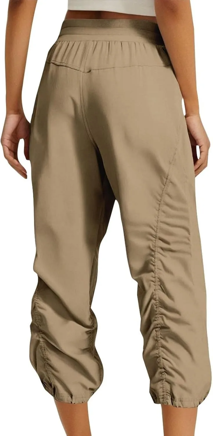 Women Capri Pants Casual Drawstring Elastic High Waisted Pant Quick Dry Tapered Pant Athletic Workout Hiking Trousers
