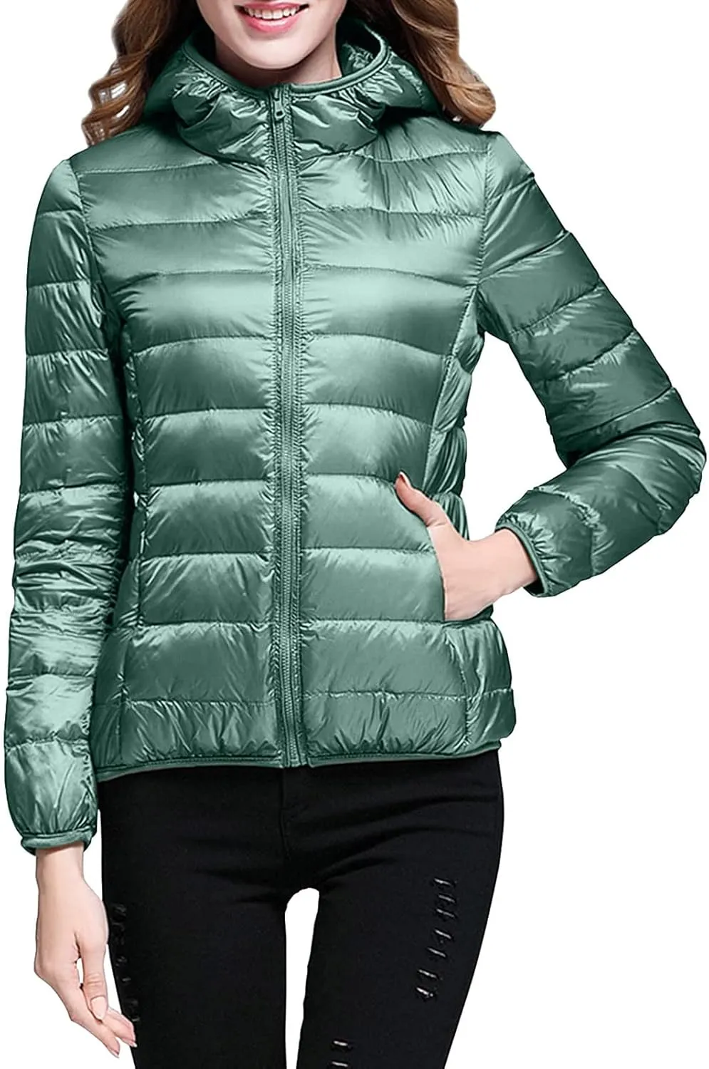 Women Down Puffer Jacket Hooded Lightweight Packable Quilted Travel Puffer Coat Comfy Winter Warm Down Jacket Outwear