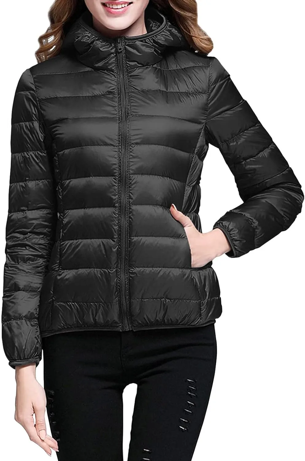 Women Down Puffer Jacket Hooded Lightweight Packable Quilted Travel Puffer Coat Comfy Winter Warm Down Jacket Outwear