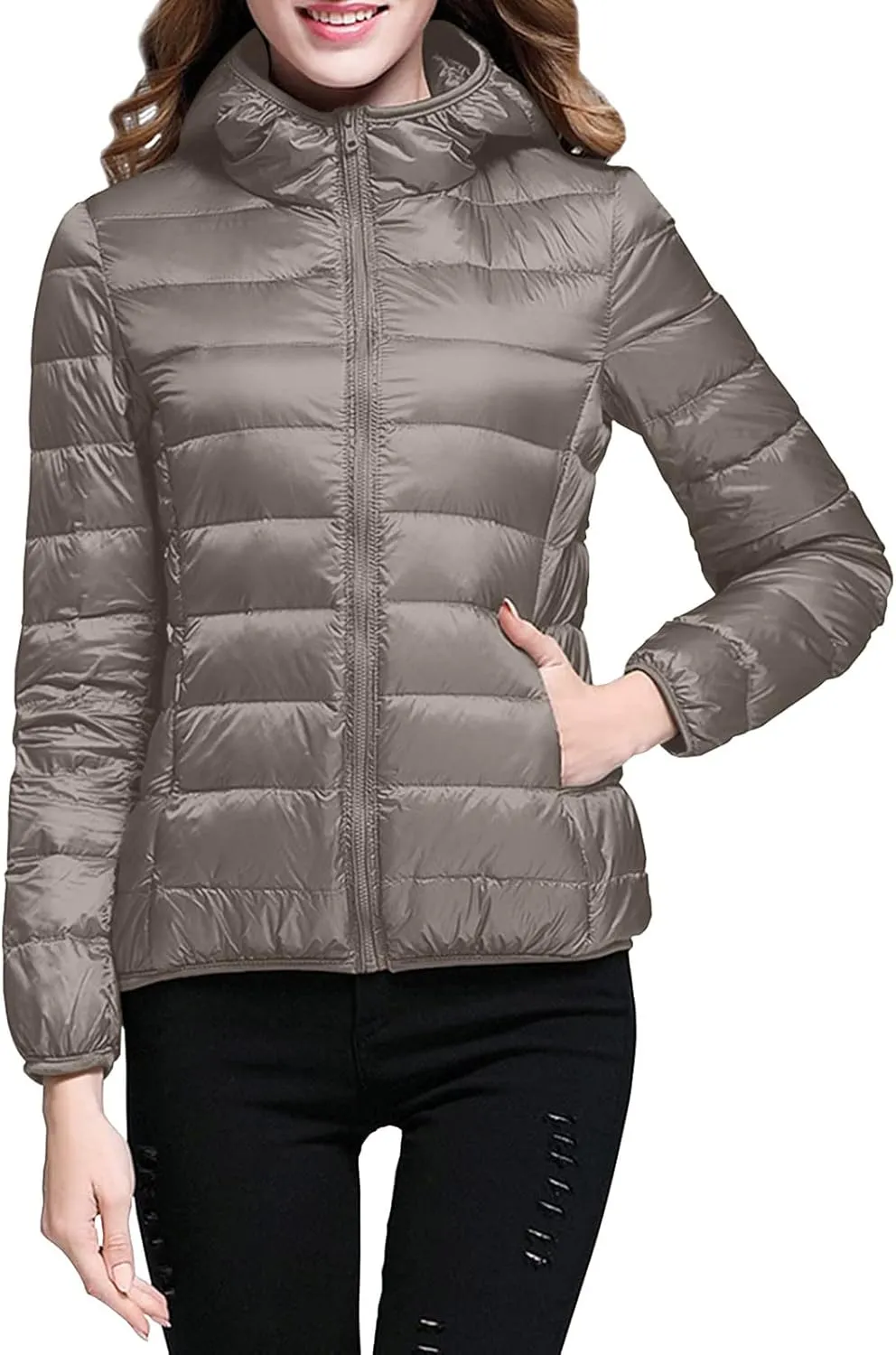 Women Down Puffer Jacket Hooded Lightweight Packable Quilted Travel Puffer Coat Comfy Winter Warm Down Jacket Outwear