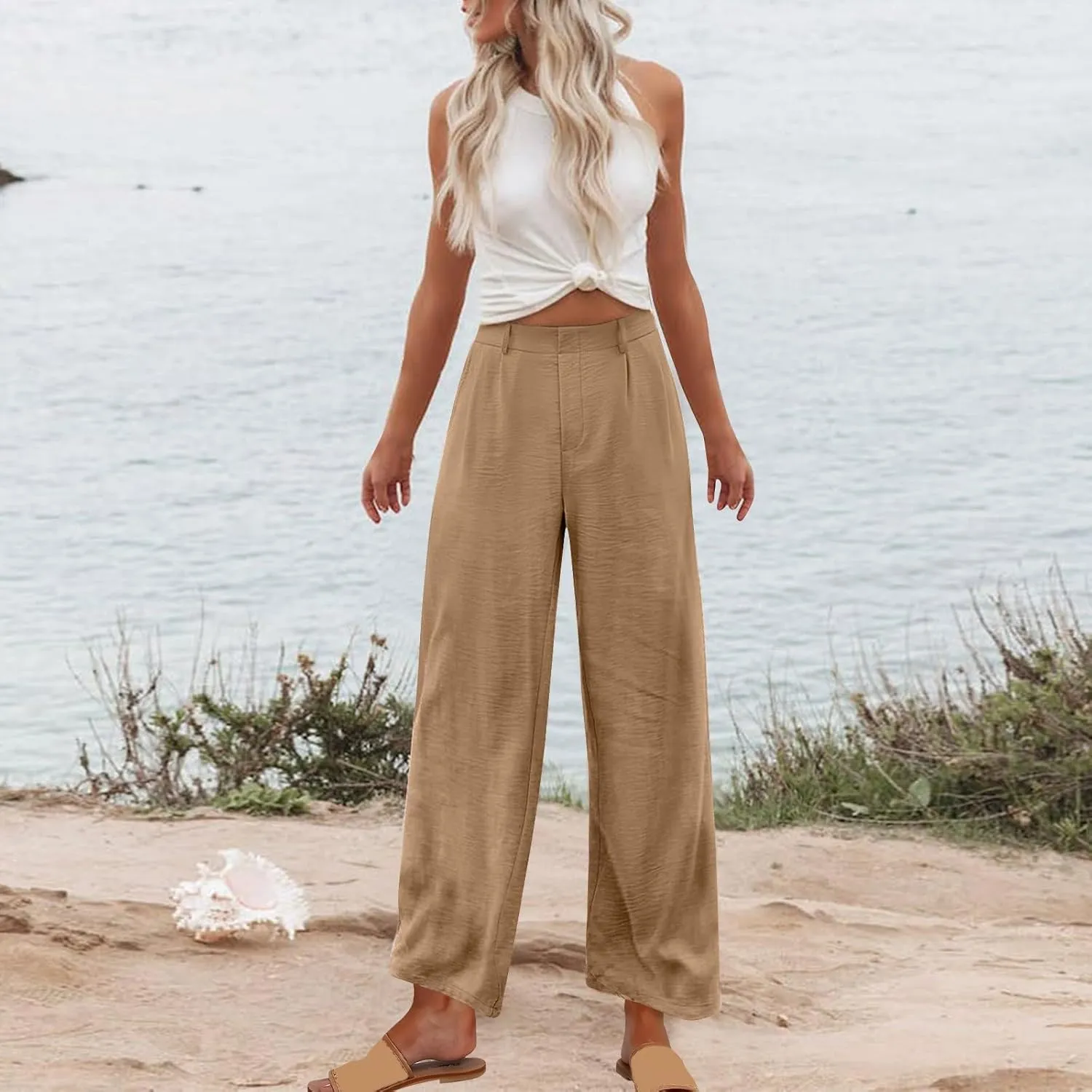 Women Dressy Work Wide Leg Pants Comfy High Elastic Waist Casual Beach Pants Solid Loose Fit Straight Leg Trousers