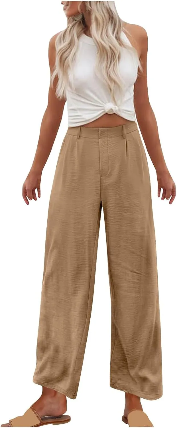 Women Dressy Work Wide Leg Pants Comfy High Elastic Waist Casual Beach Pants Solid Loose Fit Straight Leg Trousers