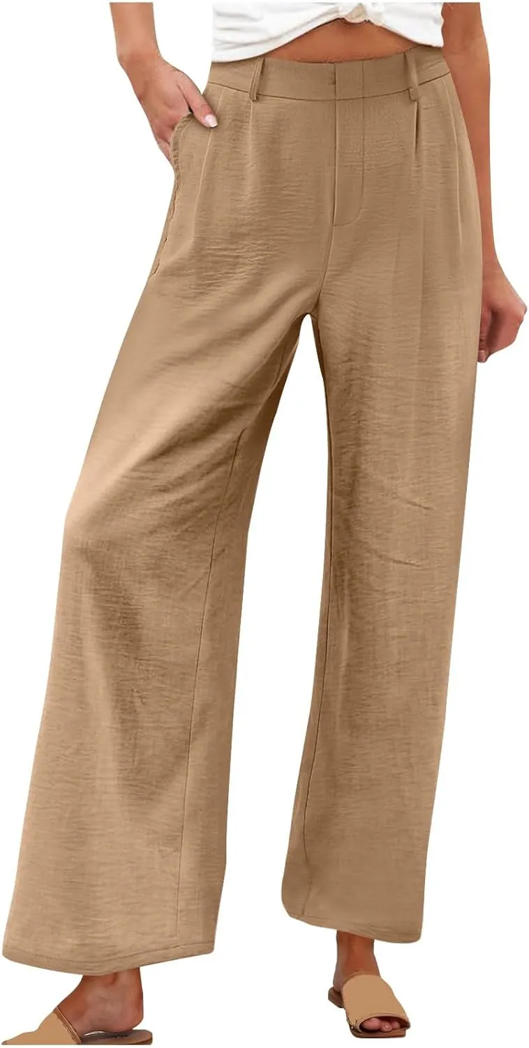 Women Dressy Work Wide Leg Pants Comfy High Elastic Waist Casual Beach Pants Solid Loose Fit Straight Leg Trousers