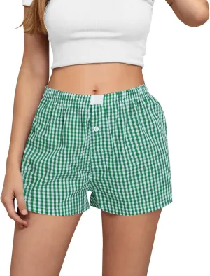 Women Fashion Plaid Print Casual Shorts, Summer Lightweight Comfy Beach Shorts High Waisted Breathable Baggy Clothes