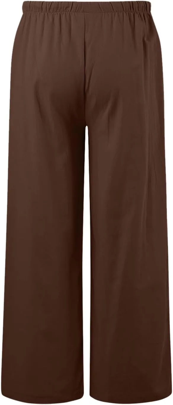 Women High Waisted Wide Leg Pants Fashion Drawstring Elastic Trousers Comfy Straight Leg Pants with Pockets