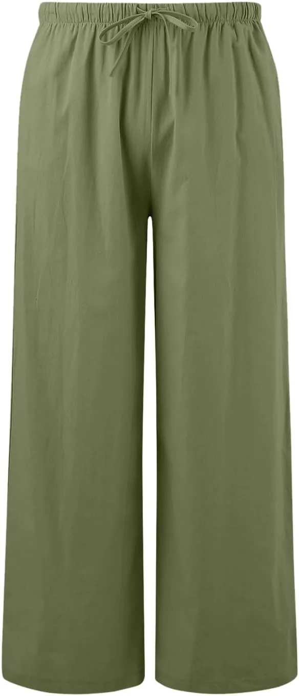 Women High Waisted Wide Leg Pants Fashion Drawstring Elastic Trousers Comfy Straight Leg Pants with Pockets