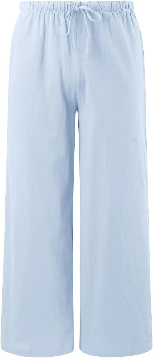 Women High Waisted Wide Leg Pants Fashion Drawstring Elastic Trousers Comfy Straight Leg Pants with Pockets
