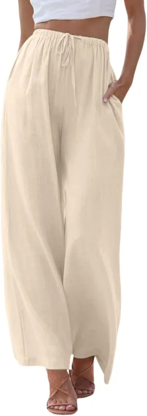 Women High Waisted Wide Leg Pants Fashion Drawstring Elastic Trousers Comfy Straight Leg Pants with Pockets