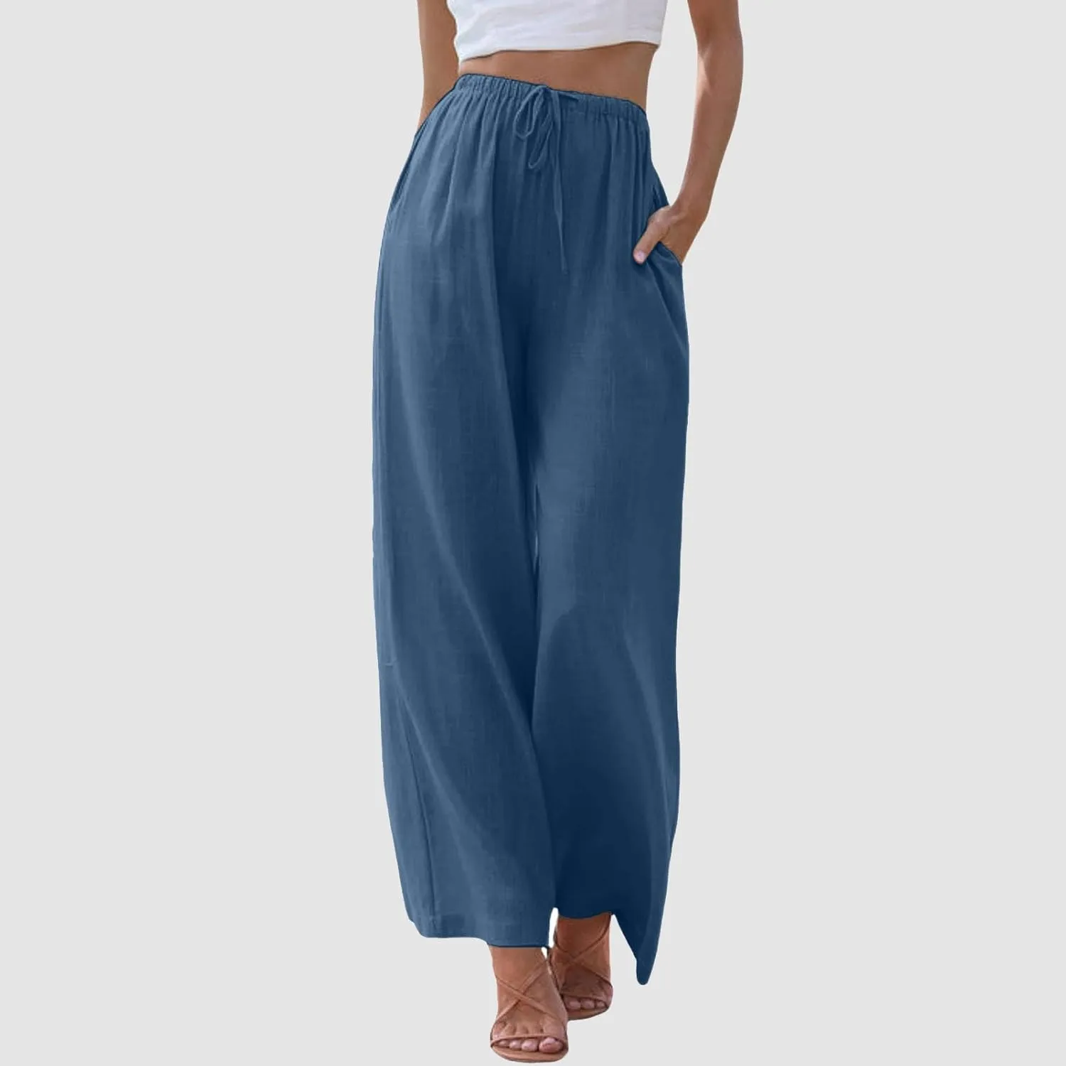 Women High Waisted Wide Leg Pants Fashion Drawstring Elastic Trousers Comfy Straight Leg Pants with Pockets