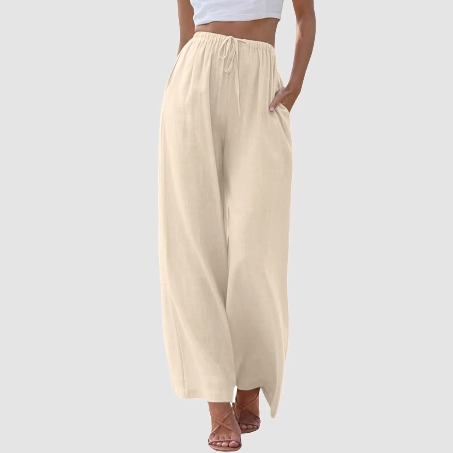 Women High Waisted Wide Leg Pants Fashion Drawstring Elastic Trousers Comfy Straight Leg Pants with Pockets