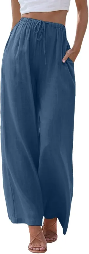 Women High Waisted Wide Leg Pants Fashion Drawstring Elastic Trousers Comfy Straight Leg Pants with Pockets