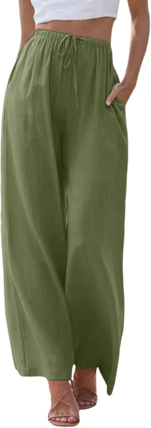 Women High Waisted Wide Leg Pants Fashion Drawstring Elastic Trousers Comfy Straight Leg Pants with Pockets