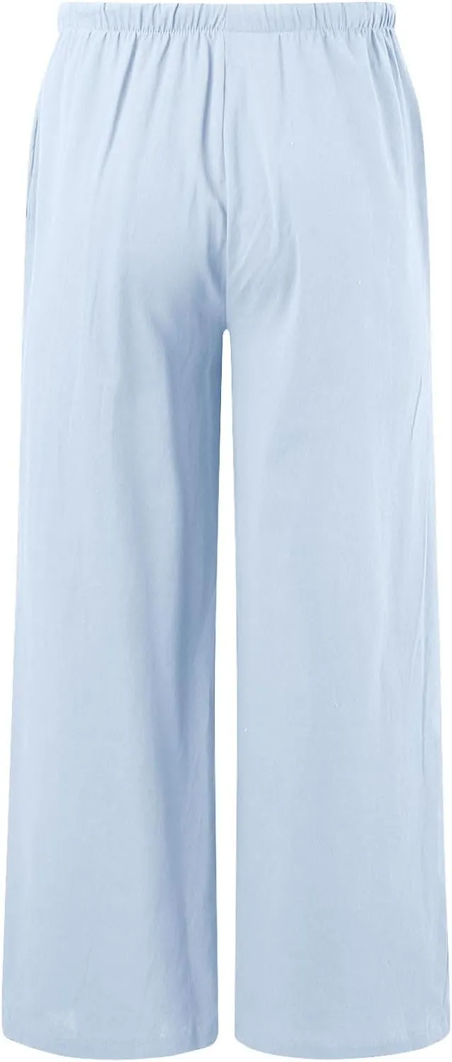 Women High Waisted Wide Leg Pants Fashion Drawstring Elastic Trousers Comfy Straight Leg Pants with Pockets