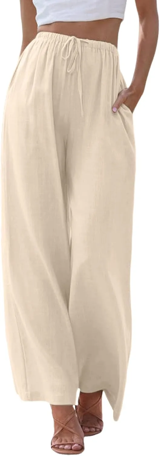 Women High Waisted Wide Leg Pants Fashion Drawstring Elastic Trousers Comfy Straight Leg Pants with Pockets