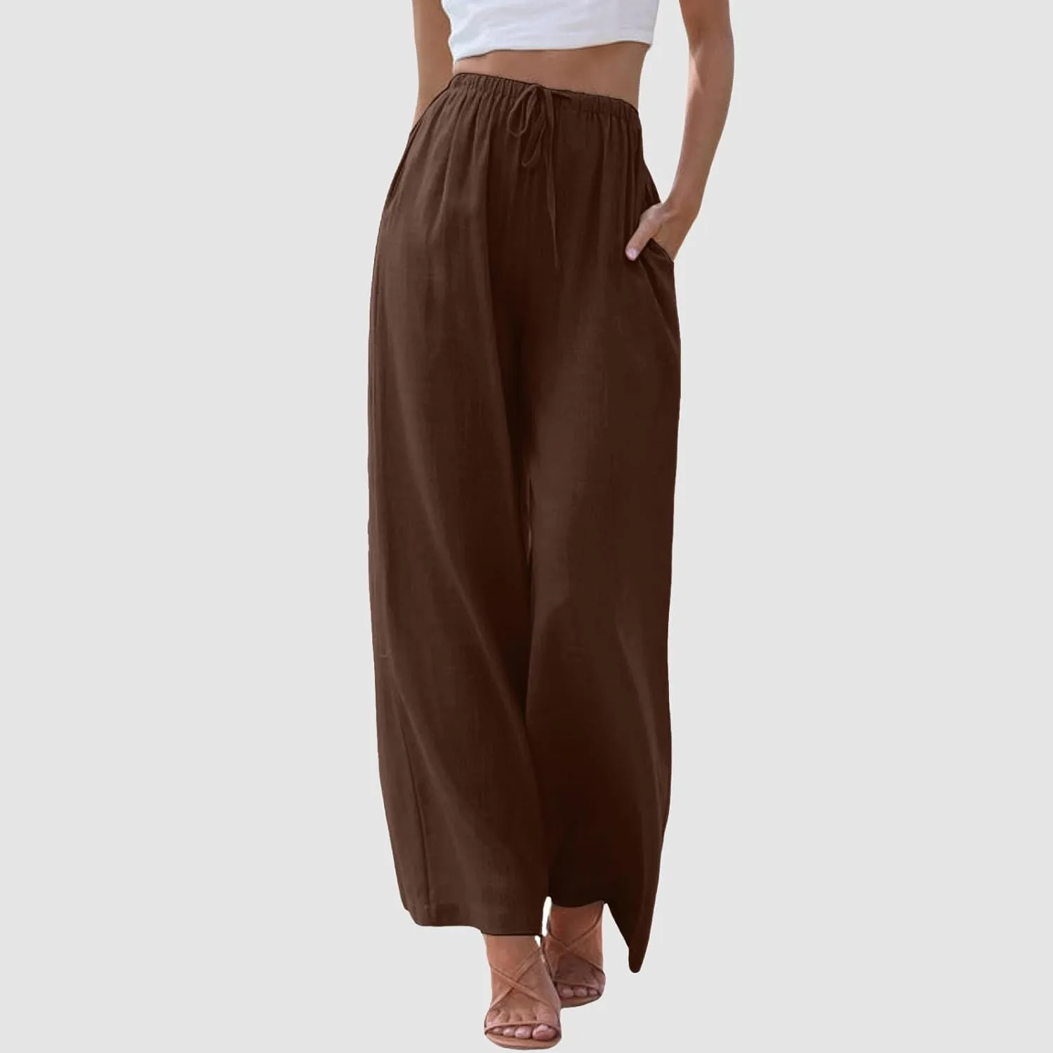 Women High Waisted Wide Leg Pants Fashion Drawstring Elastic Trousers Comfy Straight Leg Pants with Pockets