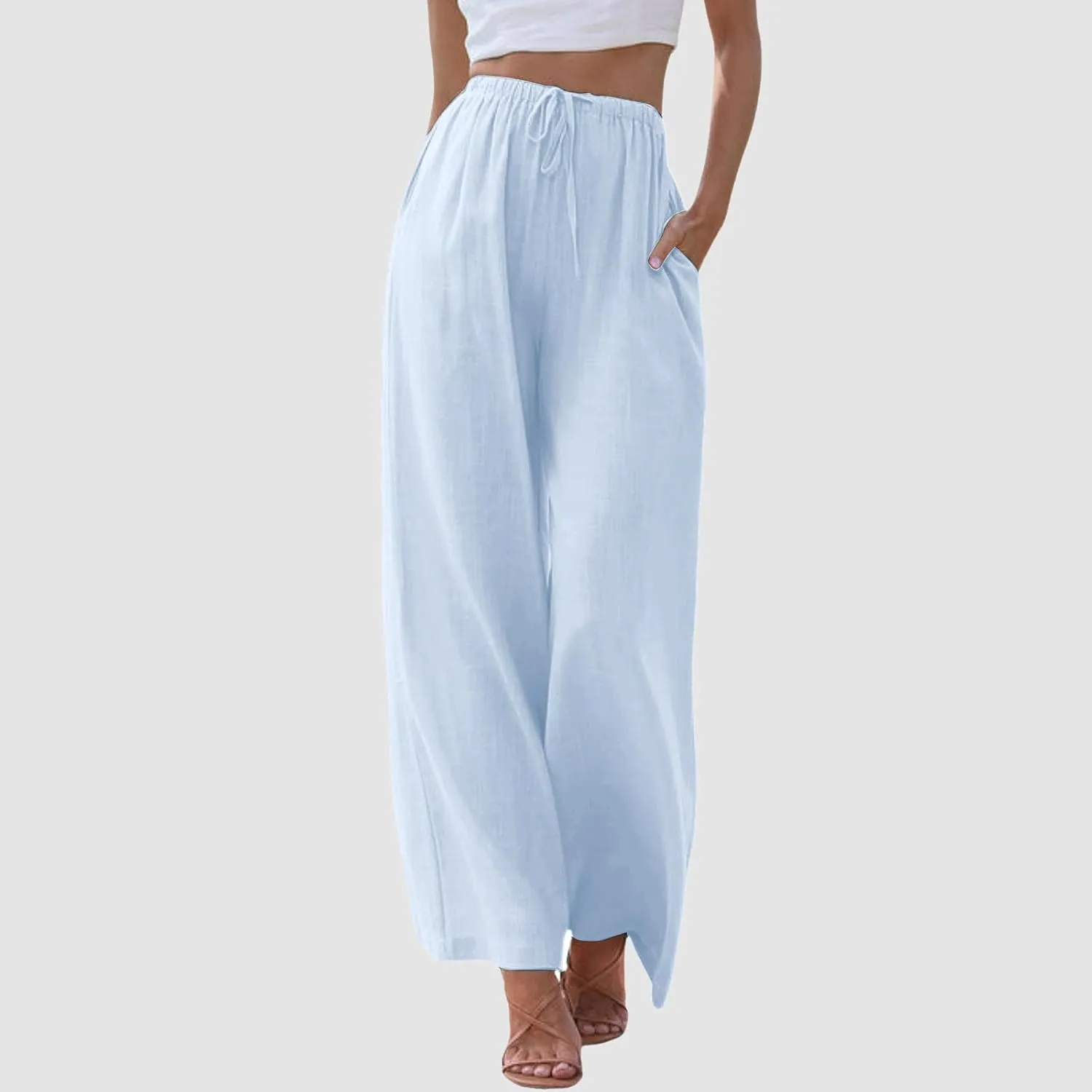 Women High Waisted Wide Leg Pants Fashion Drawstring Elastic Trousers Comfy Straight Leg Pants with Pockets