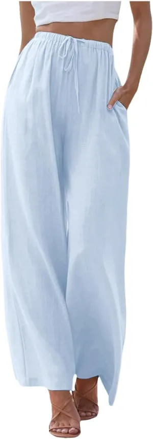 Women High Waisted Wide Leg Pants Fashion Drawstring Elastic Trousers Comfy Straight Leg Pants with Pockets