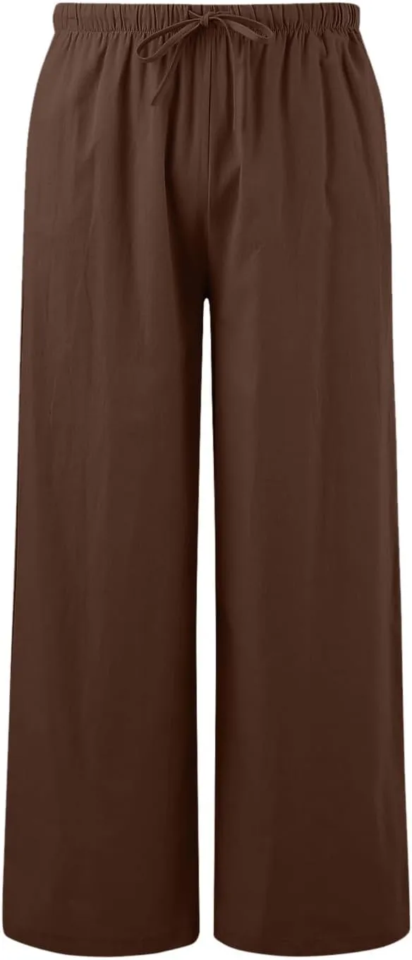 Women High Waisted Wide Leg Pants Fashion Drawstring Elastic Trousers Comfy Straight Leg Pants with Pockets