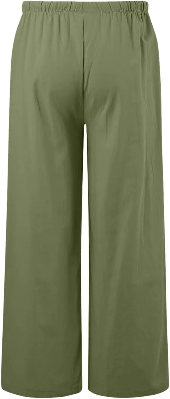 Women High Waisted Wide Leg Pants Fashion Drawstring Elastic Trousers Comfy Straight Leg Pants with Pockets