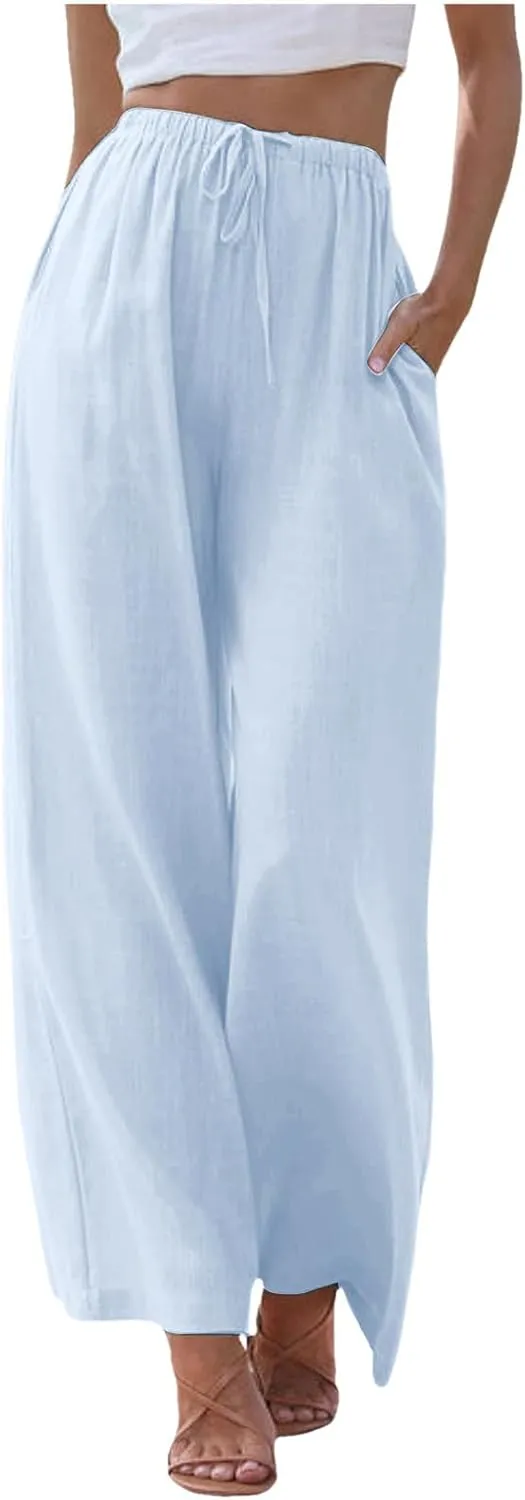 Women High Waisted Wide Leg Pants Fashion Drawstring Elastic Trousers Comfy Straight Leg Pants with Pockets