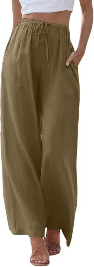 Women High Waisted Wide Leg Pants Fashion Drawstring Elastic Trousers Comfy Straight Leg Pants with Pockets