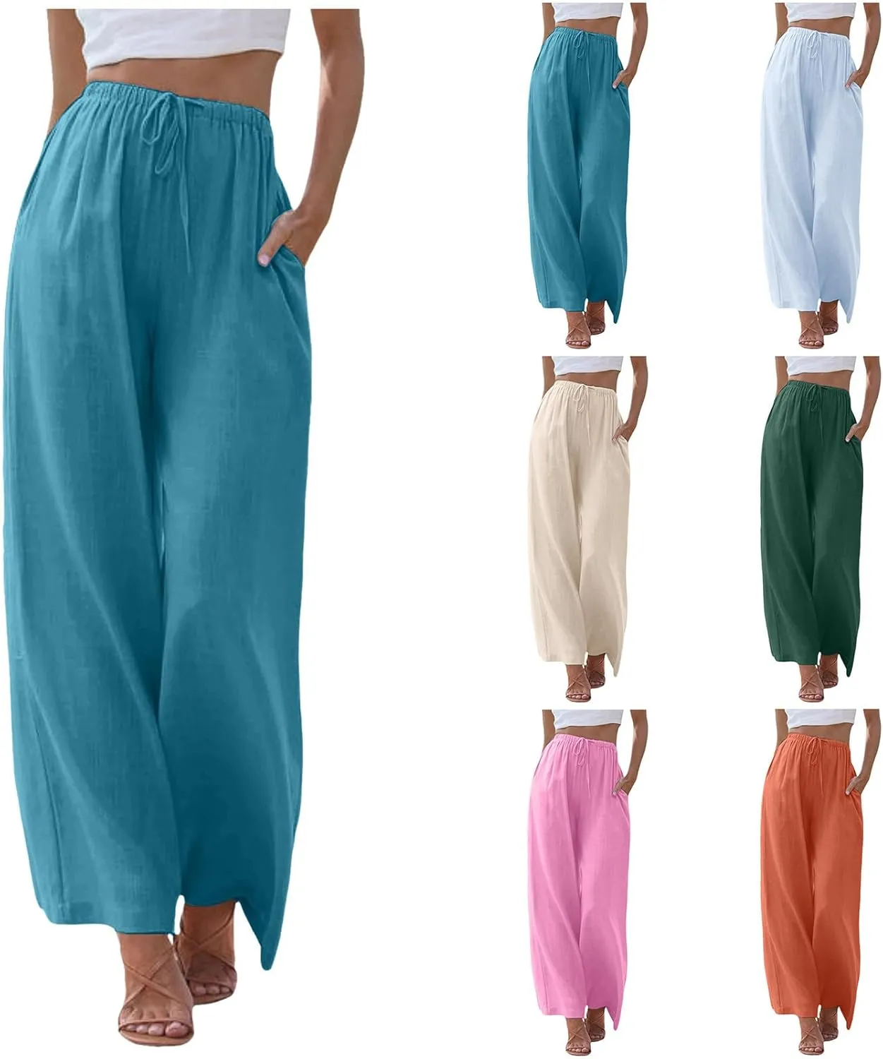 Women High Waisted Wide Leg Pants Fashion Drawstring Elastic Trousers Comfy Straight Leg Pants with Pockets