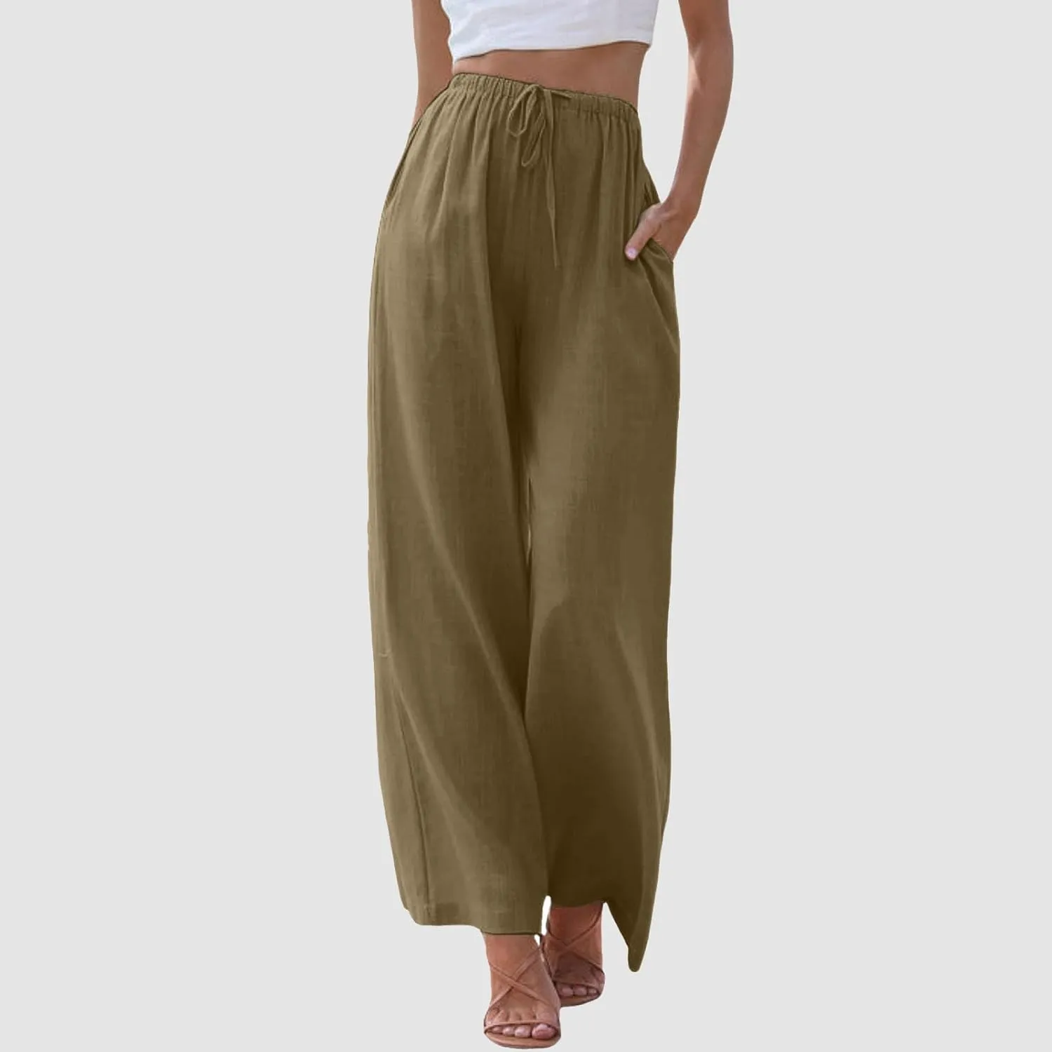 Women High Waisted Wide Leg Pants Fashion Drawstring Elastic Trousers Comfy Straight Leg Pants with Pockets