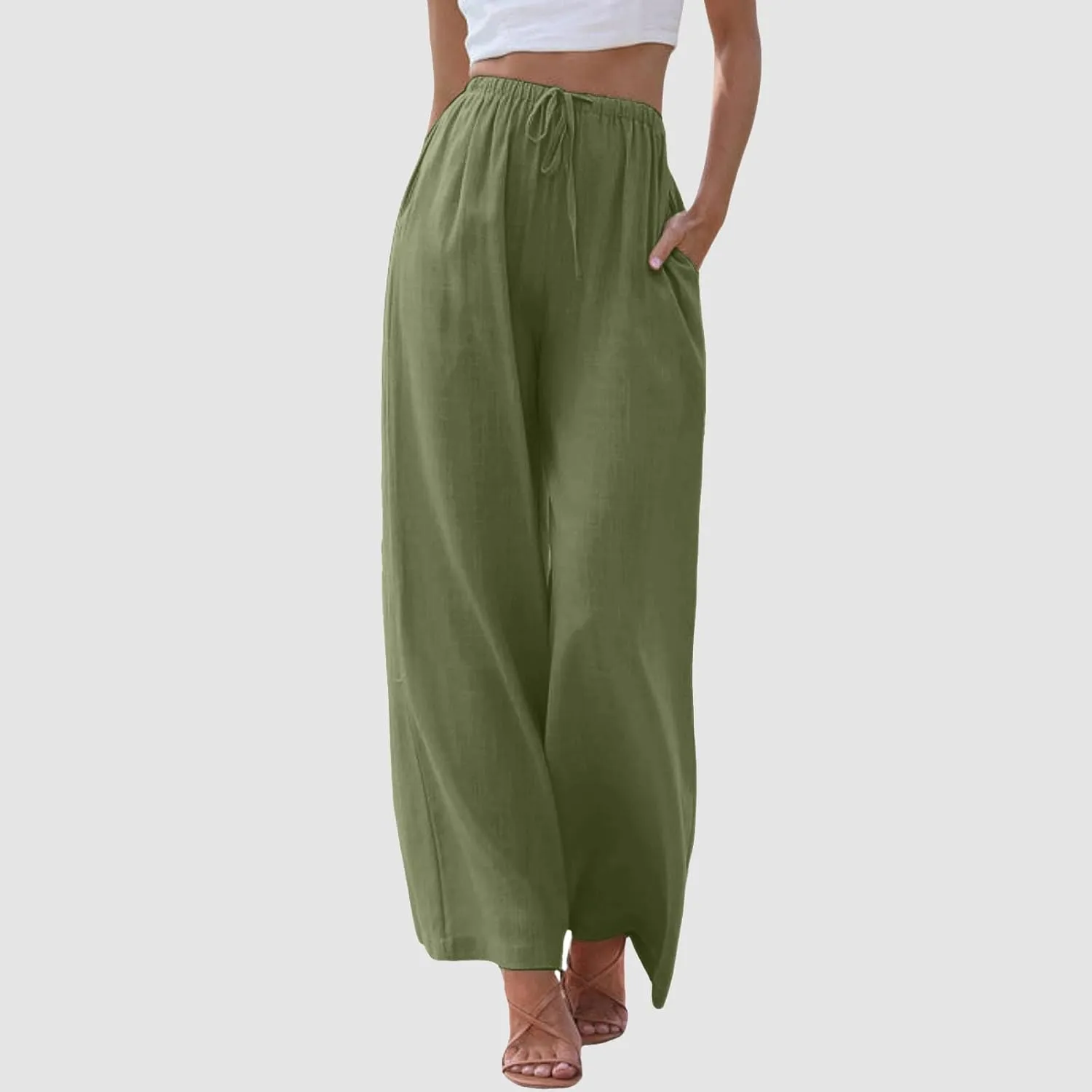 Women High Waisted Wide Leg Pants Fashion Drawstring Elastic Trousers Comfy Straight Leg Pants with Pockets
