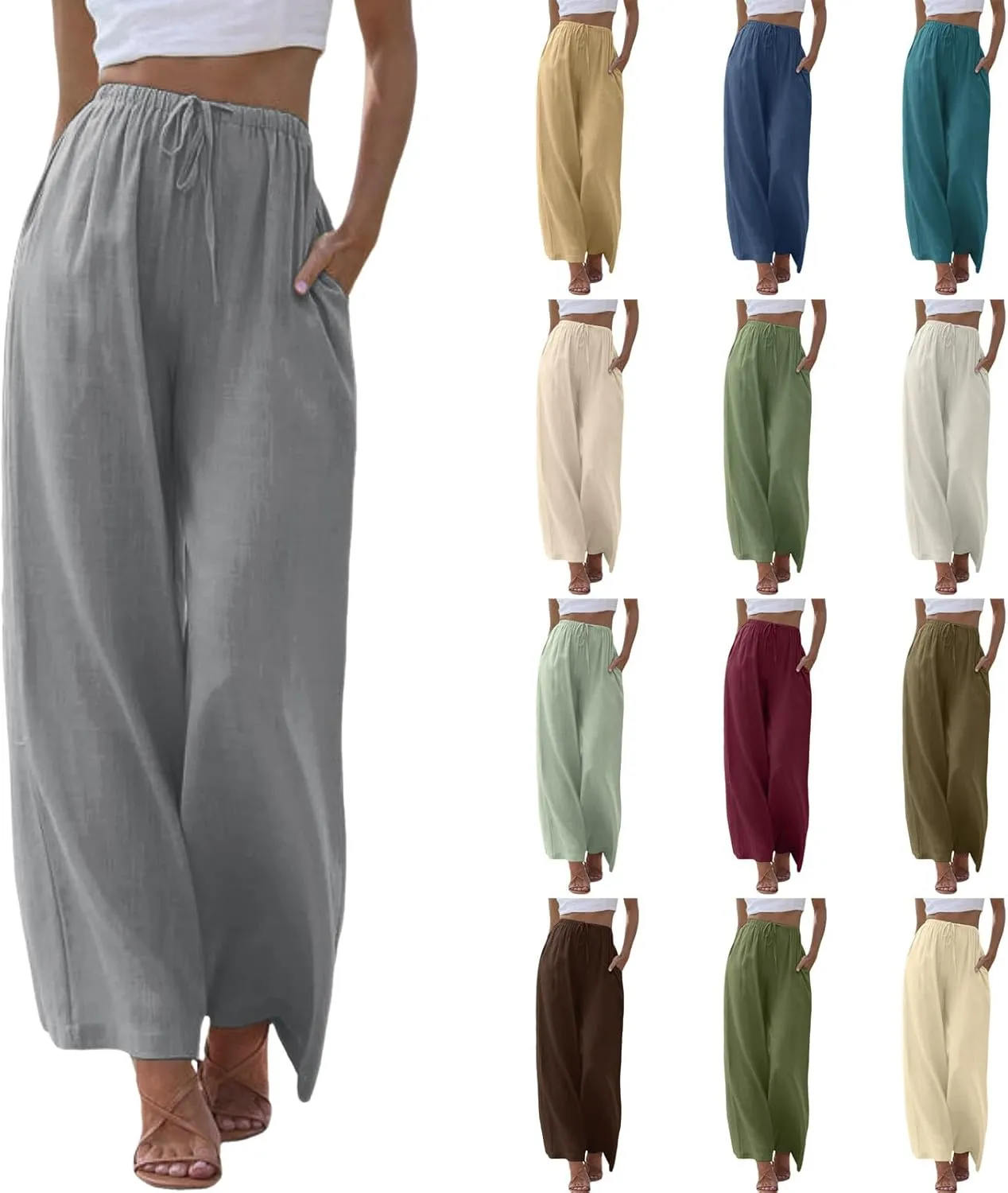 Women High Waisted Wide Leg Pants Fashion Drawstring Elastic Trousers Comfy Straight Leg Pants with Pockets