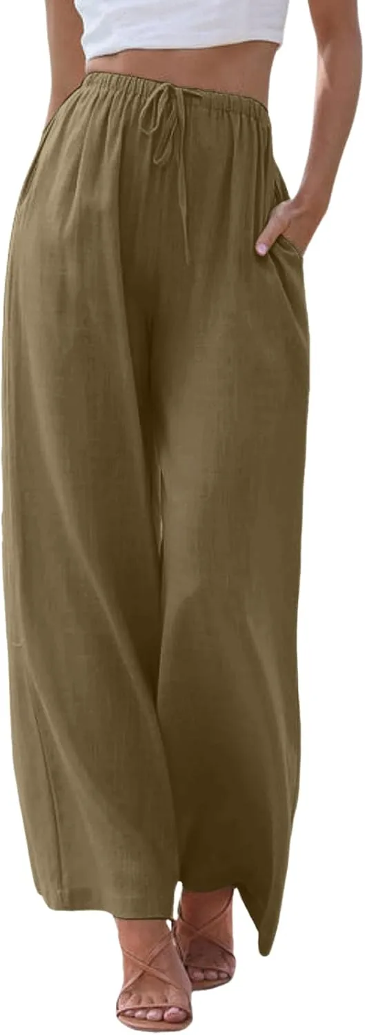 Women High Waisted Wide Leg Pants Fashion Drawstring Elastic Trousers Comfy Straight Leg Pants with Pockets