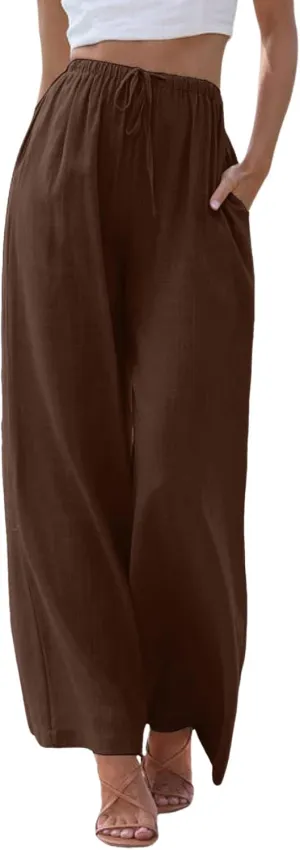 Women High Waisted Wide Leg Pants Fashion Drawstring Elastic Trousers Comfy Straight Leg Pants with Pockets