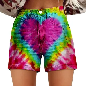 Women Jean Shorts Summer High Waisted Stretchy Denim ArtRetro Printed Distressed Cut Off Casual Shorts with Pockets