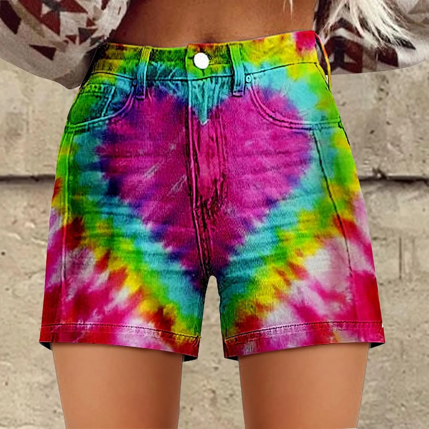 Women Jean Shorts Summer High Waisted Stretchy Denim ArtRetro Printed Distressed Cut Off Casual Shorts with Pockets