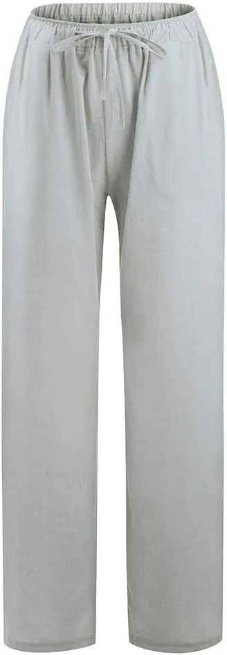 Women Linen Pants Casual Baggy Wide Leg Palazzo Pants Cotton Linen Lounge Beach Vacation Summer Trousers with Pockets