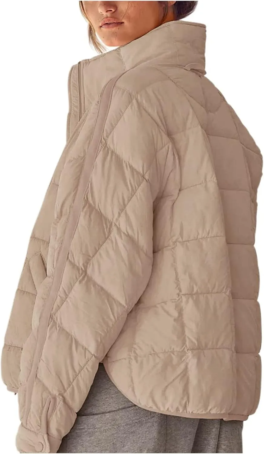 Women Stand Collar Puffer Down Jacket Long Sleeve Cropped Zipper Outwear with Pockets Short Winter Warm Parka Coats