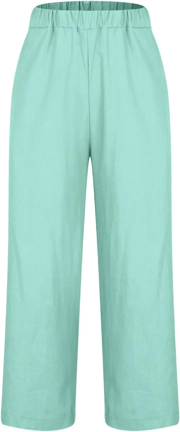 Women Travel Casual Trousers Summer Cotton Linen Basic Straight Leg Pants Elastic High Waist Loose Beach Pant with Pockets