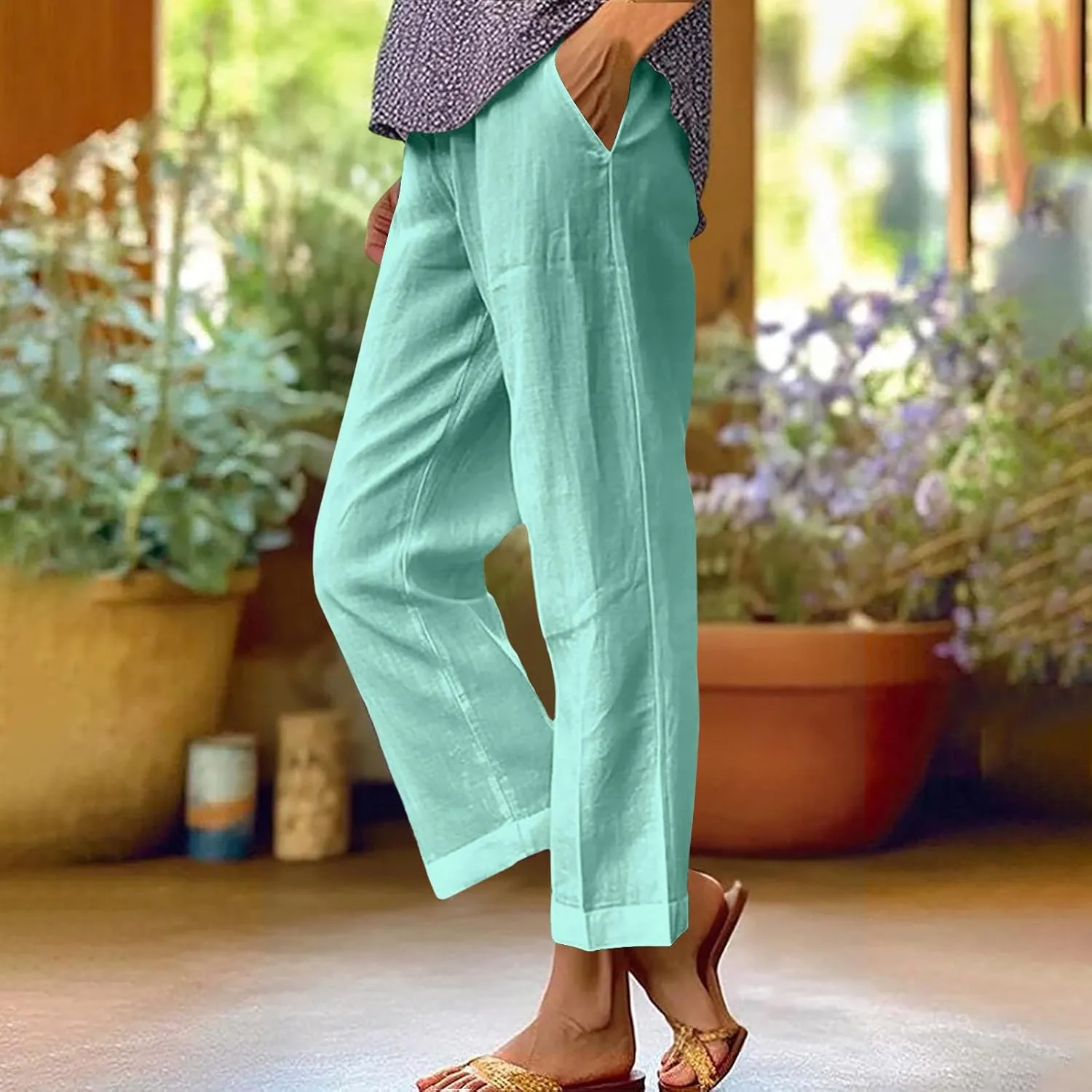 Women Travel Casual Trousers Summer Cotton Linen Basic Straight Leg Pants Elastic High Waist Loose Beach Pant with Pockets