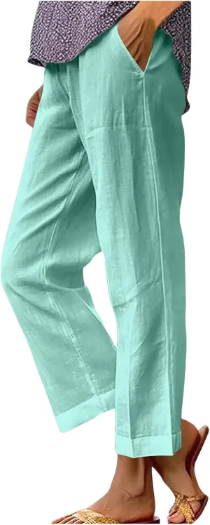 Women Travel Casual Trousers Summer Cotton Linen Basic Straight Leg Pants Elastic High Waist Loose Beach Pant with Pockets