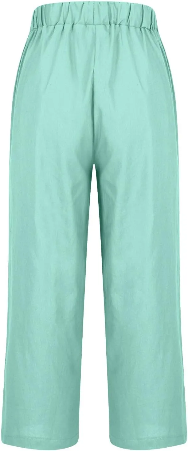 Women Travel Casual Trousers Summer Cotton Linen Basic Straight Leg Pants Elastic High Waist Loose Beach Pant with Pockets