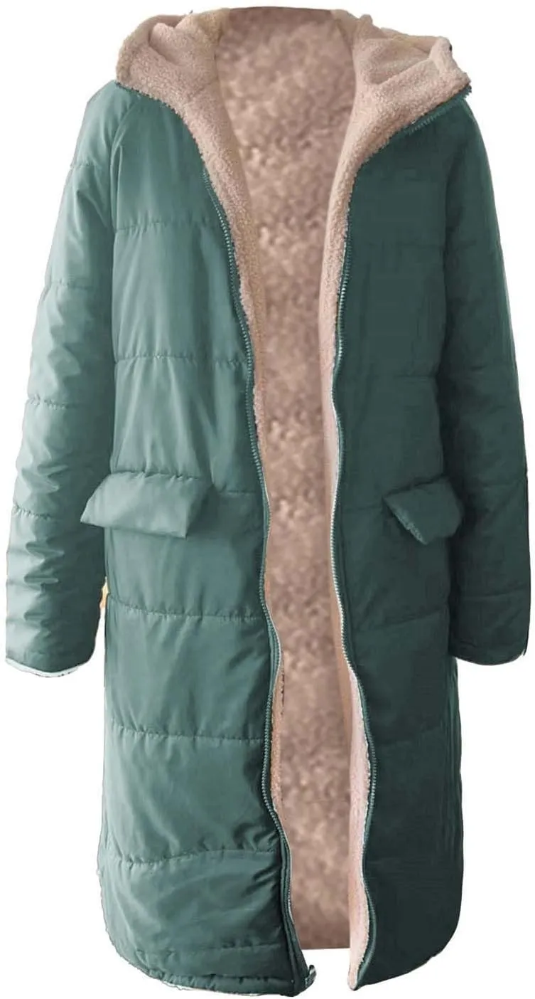 Women's 2024 Winter Fashion Clothes Outerwear with Pockets Hooded Fleece Jacket Full Zip Black Padded Coats