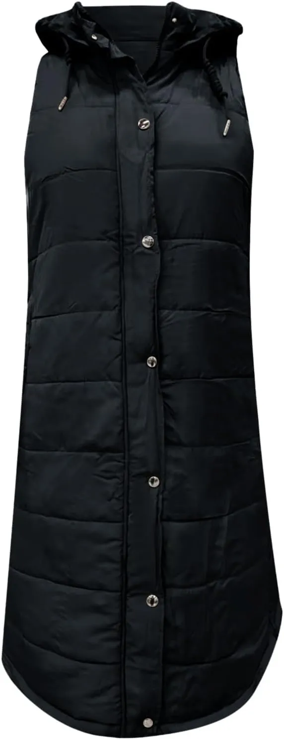 Womens 2024 Winter Temperament Solid Button Long Puffer Coats Thicken Warm Slim Down Coats Hooded Breasted Outwear