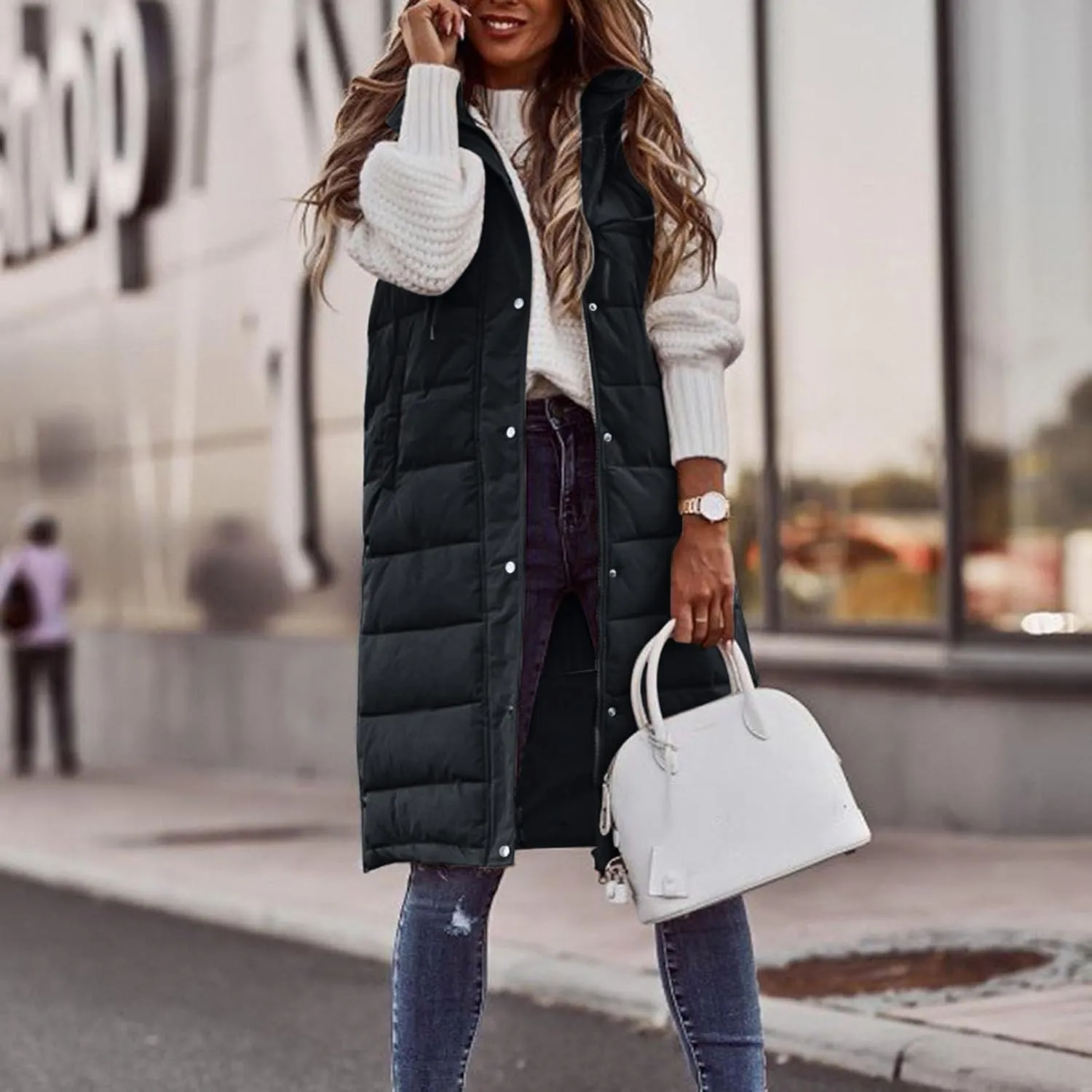 Womens 2024 Winter Temperament Solid Button Long Puffer Coats Thicken Warm Slim Down Coats Hooded Breasted Outwear