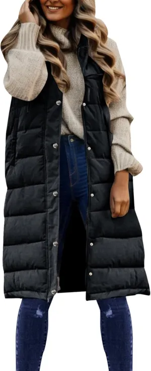 Womens 2024 Winter Temperament Solid Button Long Puffer Coats Thicken Warm Slim Down Coats Hooded Breasted Outwear